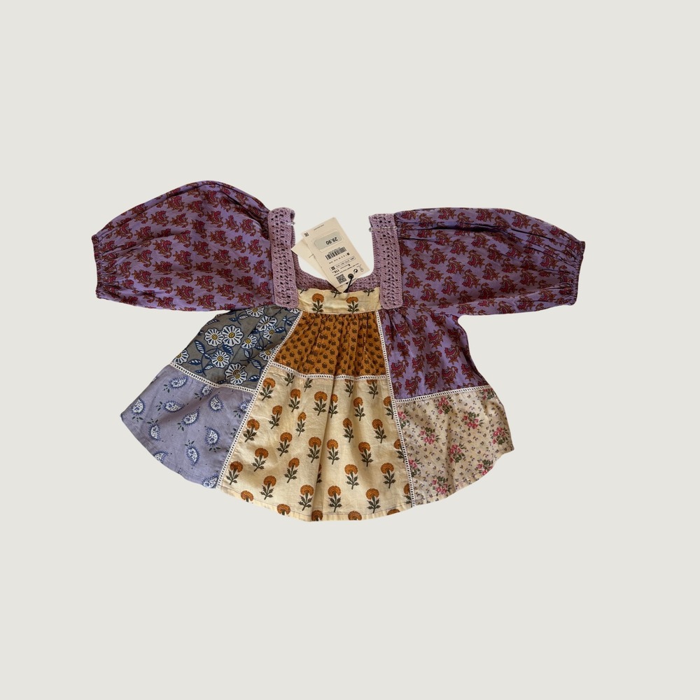 Zara Girls 6 Patchwork Floral Puff Sleeve Blouse Boho Cottagecore NWT